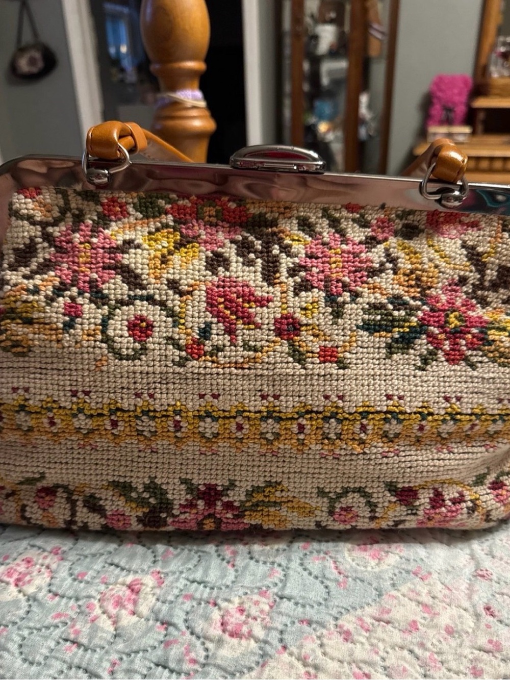 Floral Needlepoint Frame-Top Handbag in Beige and Pink vintage